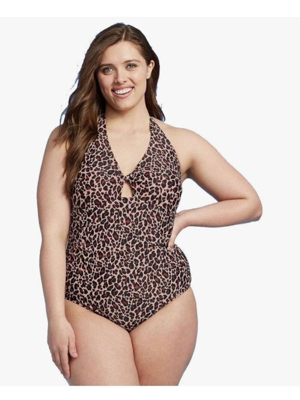 Kona Sol Womens Swimsuit 16W Twist-Front Halter Leopard One Piece Swimsuit Beach